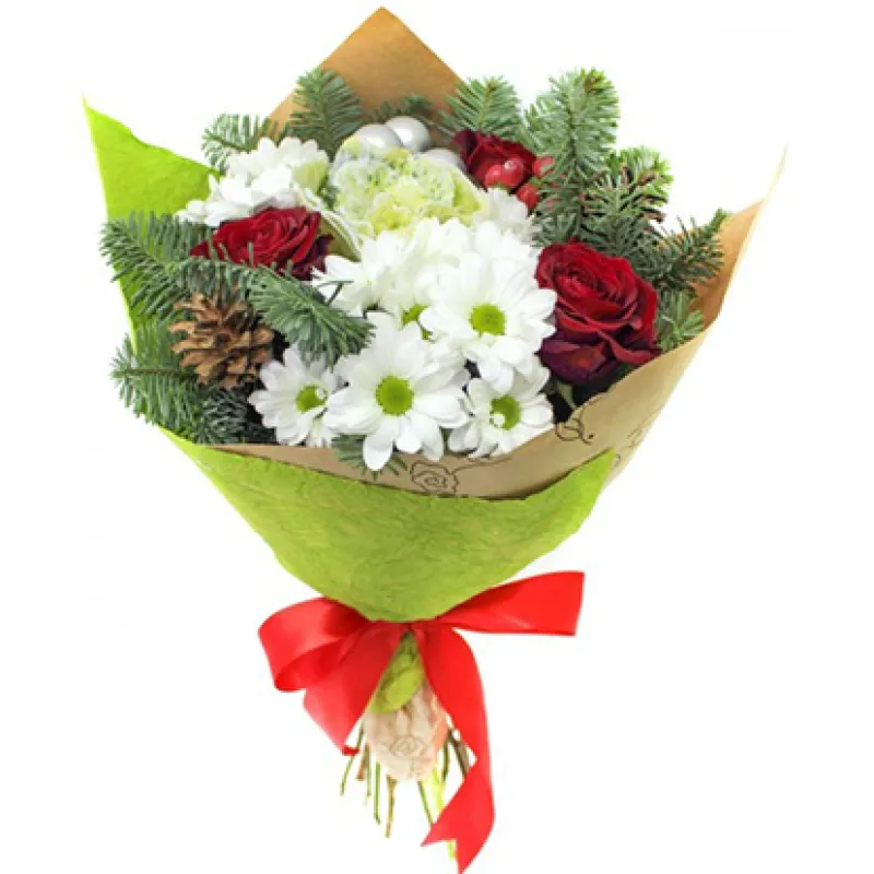 Букет Новогодний с розой и ромашковой хризантемой, доставка Шушенское